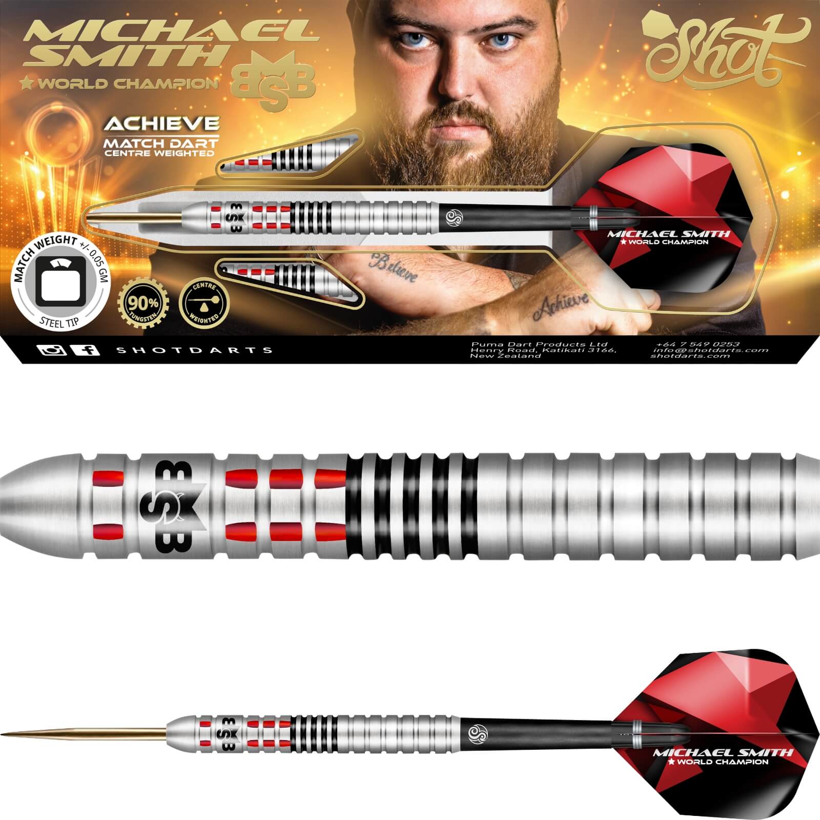 Darts - Shot - Michael Smith Achieve Darts - Steel Tip - 90% Tungsten - 21g 22g 23g 24g 25g 26g 