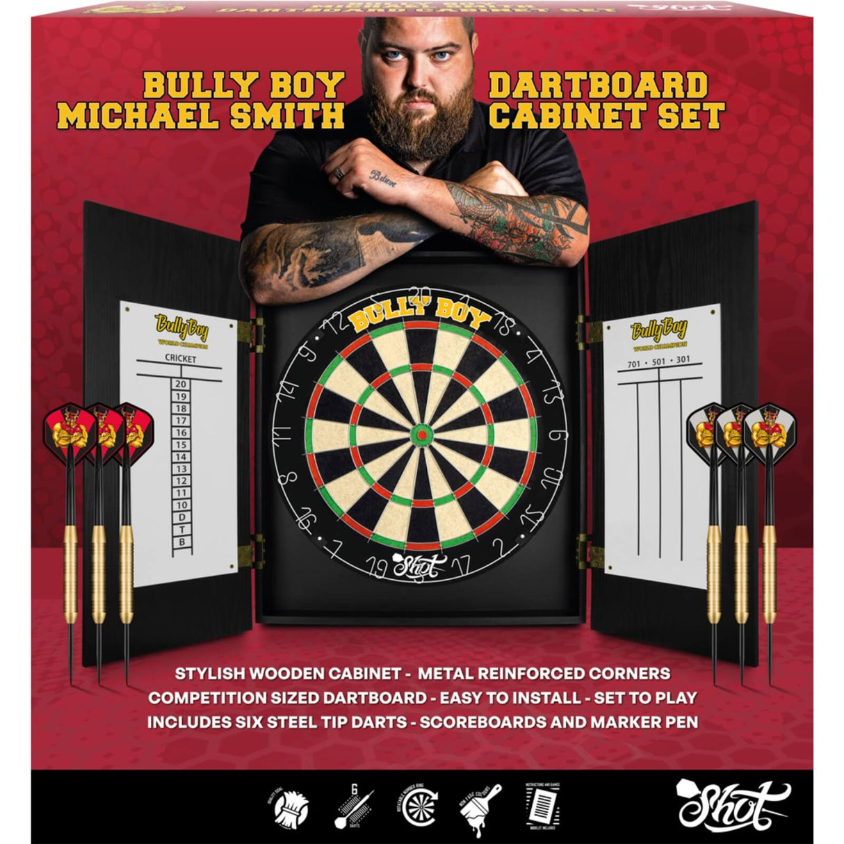 Shot - Michael Smith - Bully Boy - Dartboard Cabinet Set -