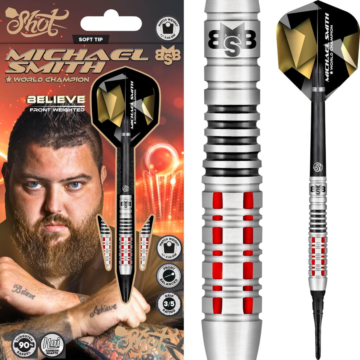 Shot - Michael Smith Believe Darts - Soft Tip - 90% Tungsten - 18g 20g -