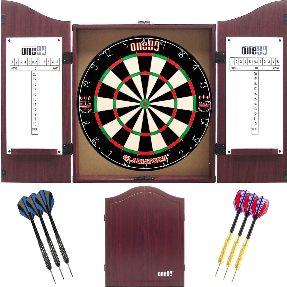One80 - Gladiator 2+ Dartboard & Cabinet Ready to Play Bundle - Rosewood