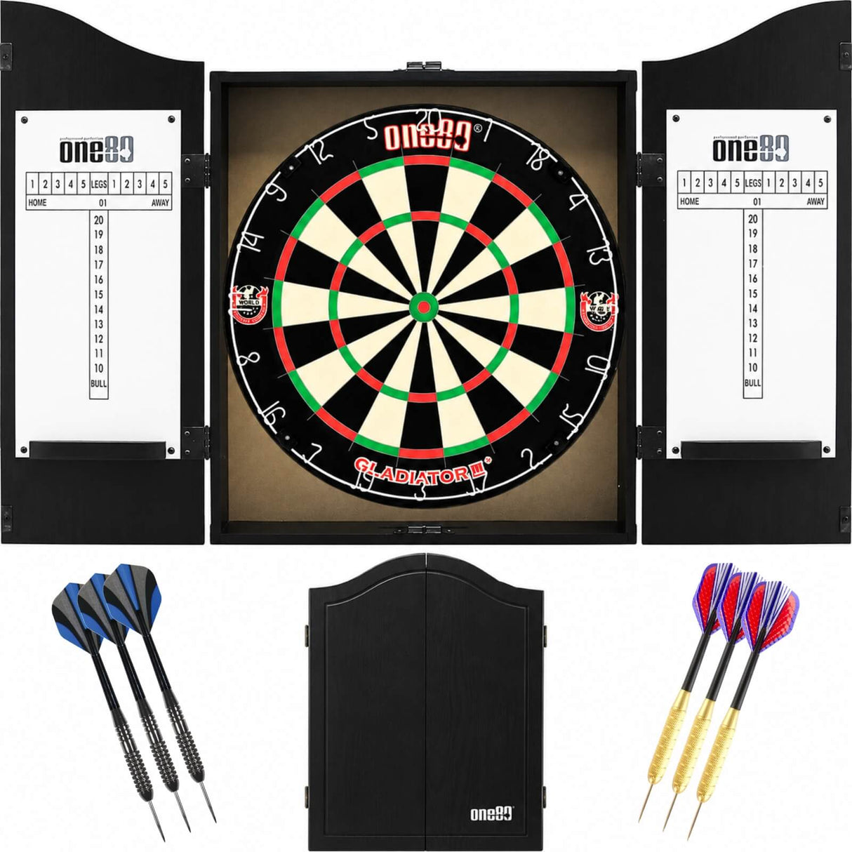 One80 - Gladiator 3+ Dartboard & Cabinet Ready to Play Bundle - Black