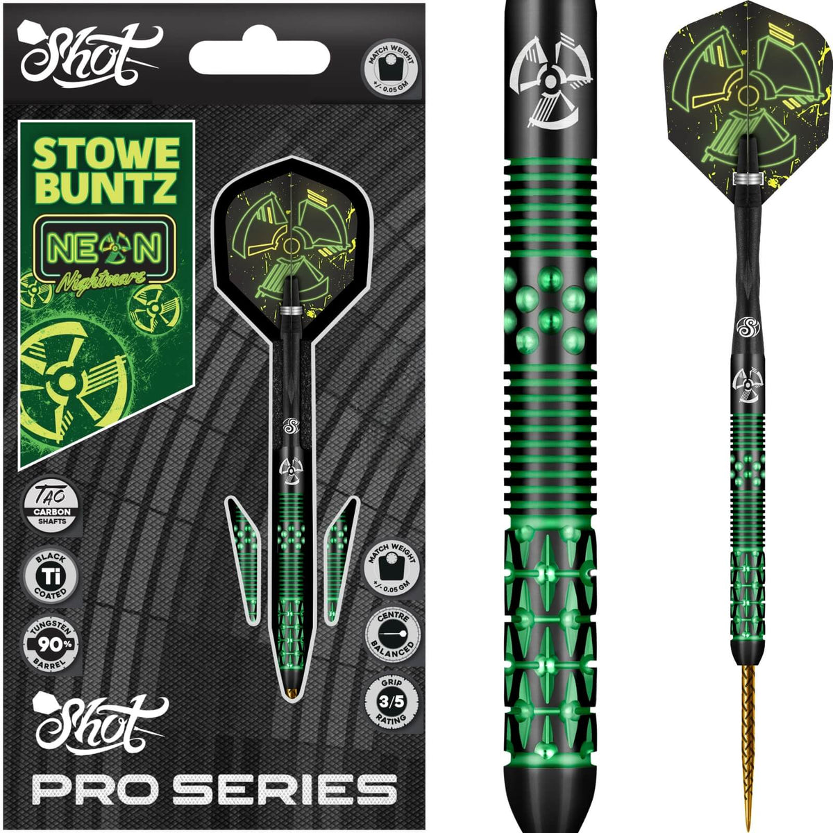 Shot - Stowe Buntz 2.0 Black Ti Darts - 90% Tungsten - 23g -