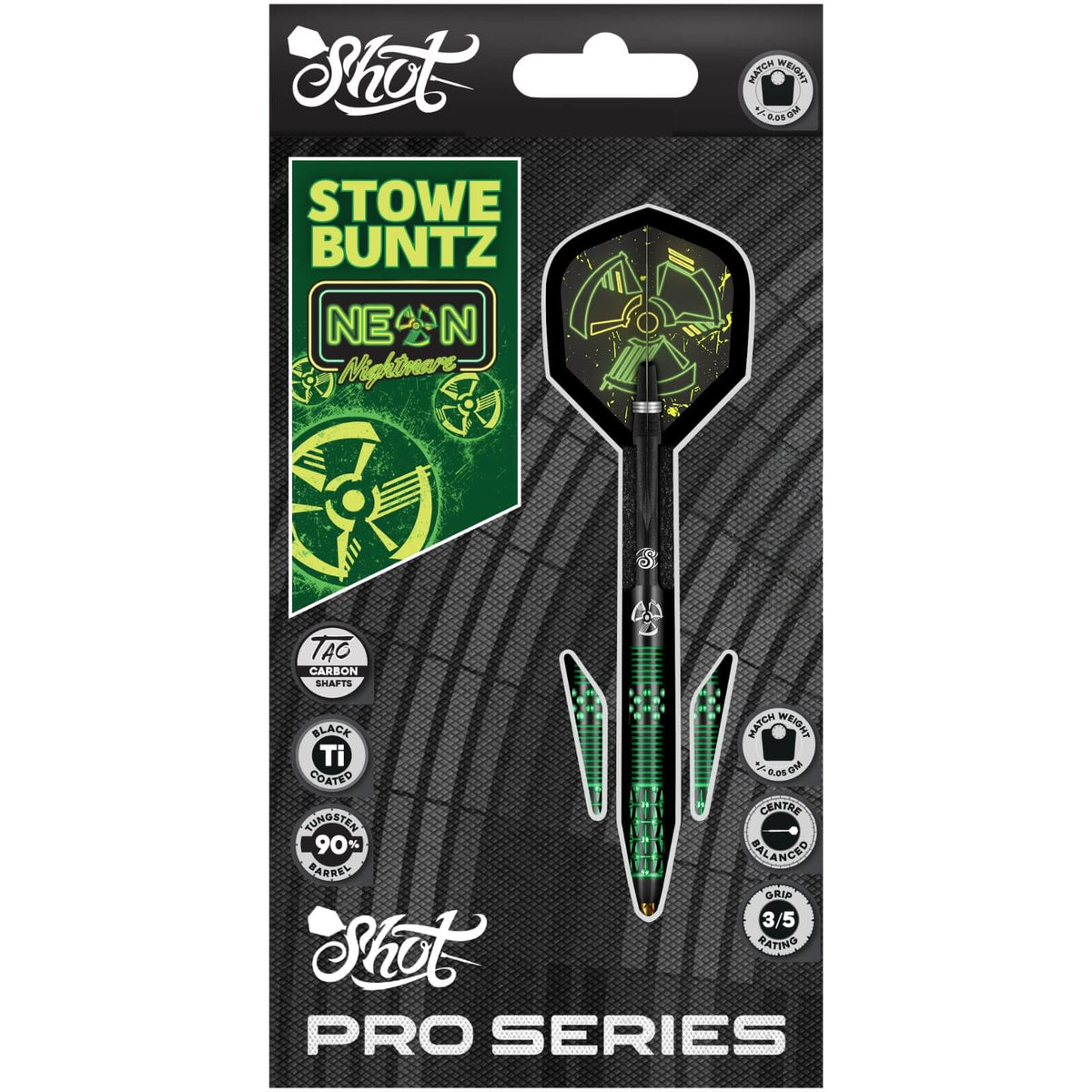 Shot - Stowe Buntz 2.0 Black Ti Darts - 90% Tungsten - 23g -