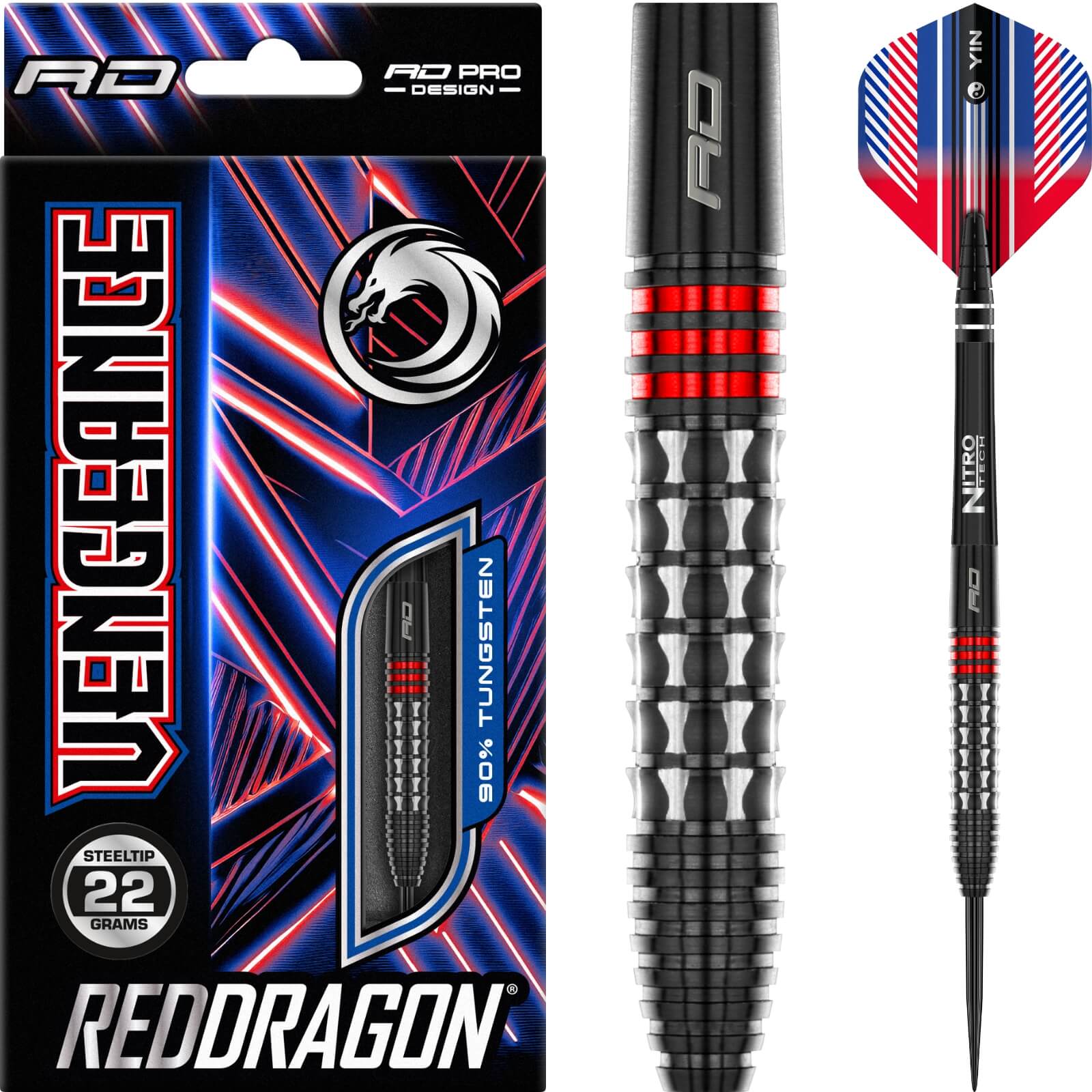 Darts - Red Dragon - Vengeance Red Darts - Steel Tip - 90% Tungsten - 22g 24g 