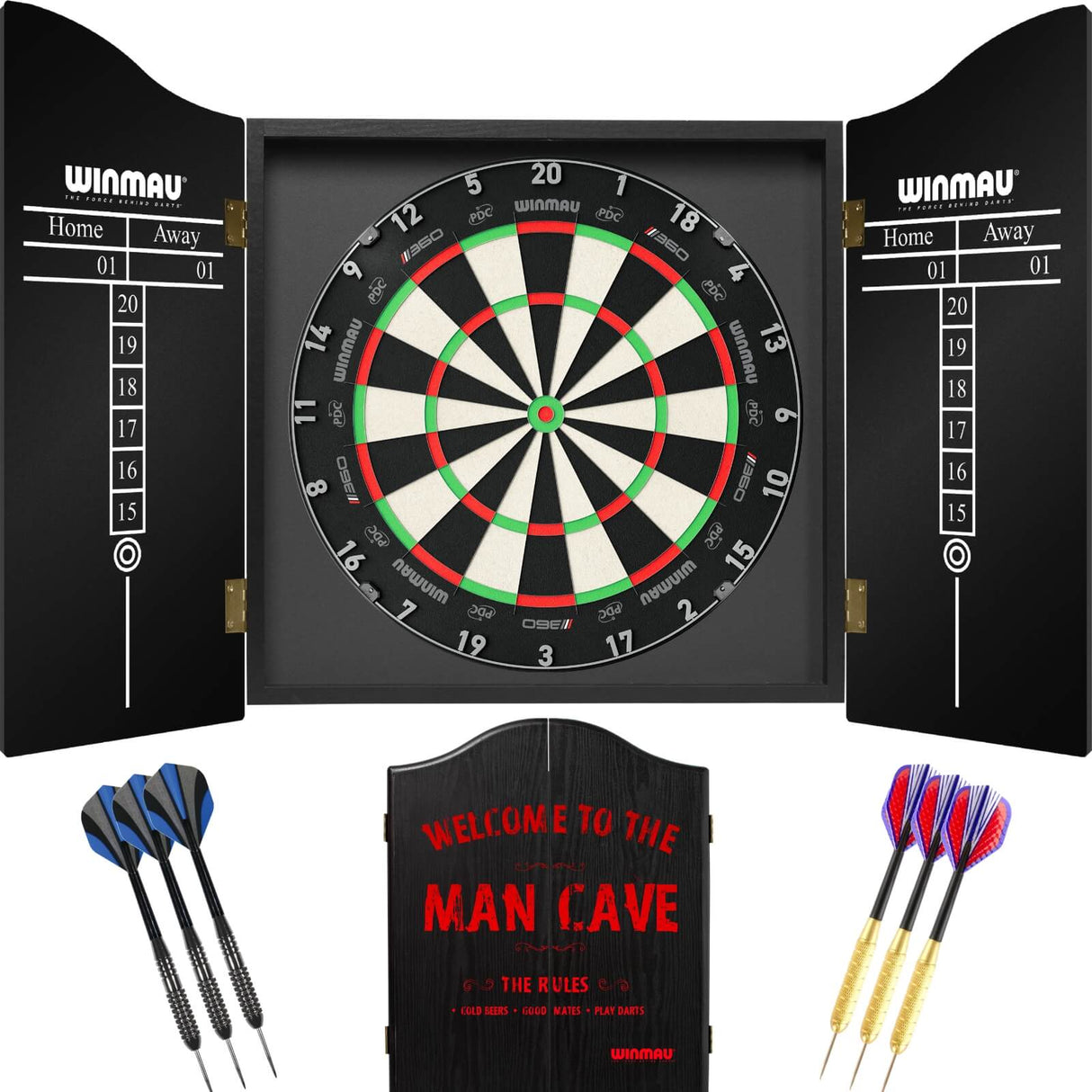 Winmau - Blade 360 Triple Core Dartboard & Cabinet Ready to Play Bundle - Man Cave