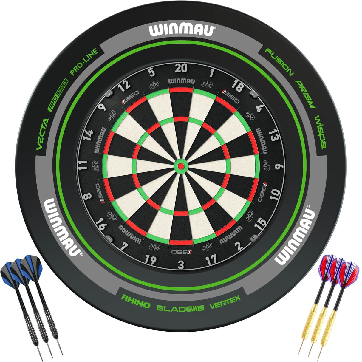Winmau - Blade 360 Triple Core Dartboard & Advance Surround Ready to Play Bundle - Black & Green
