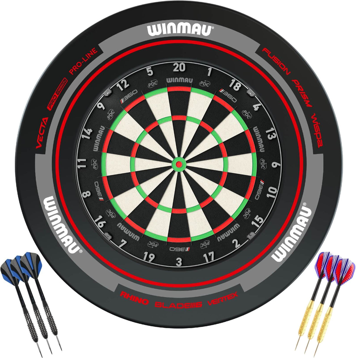 Winmau - Blade 360 Triple Core Dartboard & Advance Surround Ready to Play Bundle - Black & Red