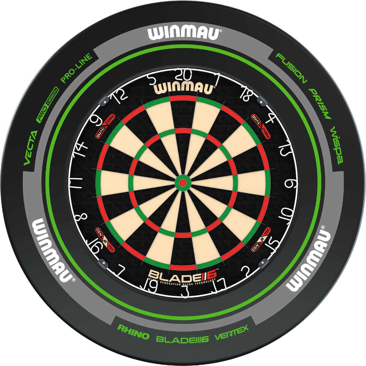 Winmau - Blade 6 Dual Core Dartboard & Advance Surround Bundle - Black & Green