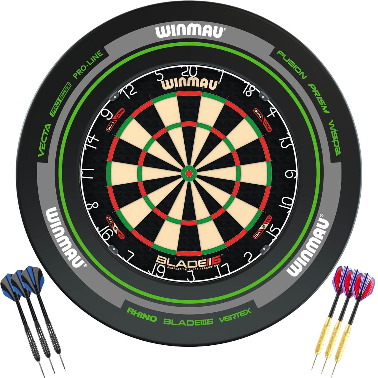 Winmau - Blade 6 Dual Core Dartboard & Advance Surround Ready to Play Bundle - Black & Green