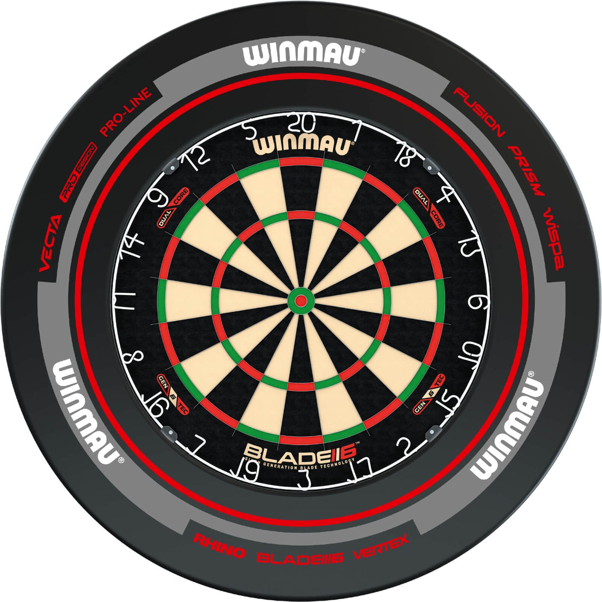 Winmau - Blade 6 Dual Core Dartboard & Advance Surround Bundle - Black & Red