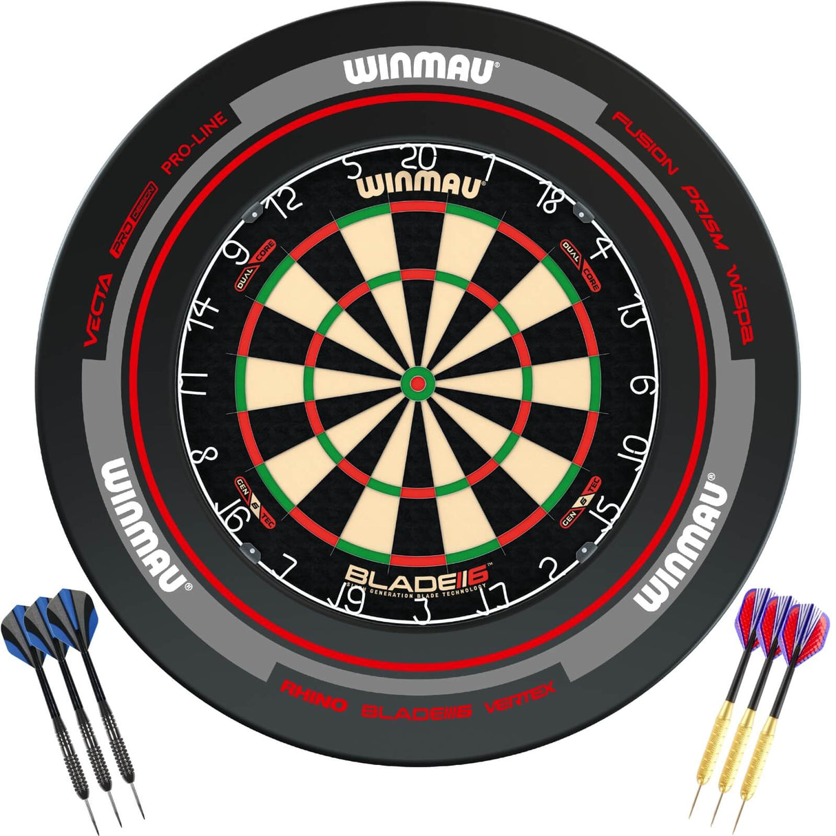 Winmau - Blade 6 Dual Core Dartboard & Advance Surround Ready to Play Bundle - Black & Red