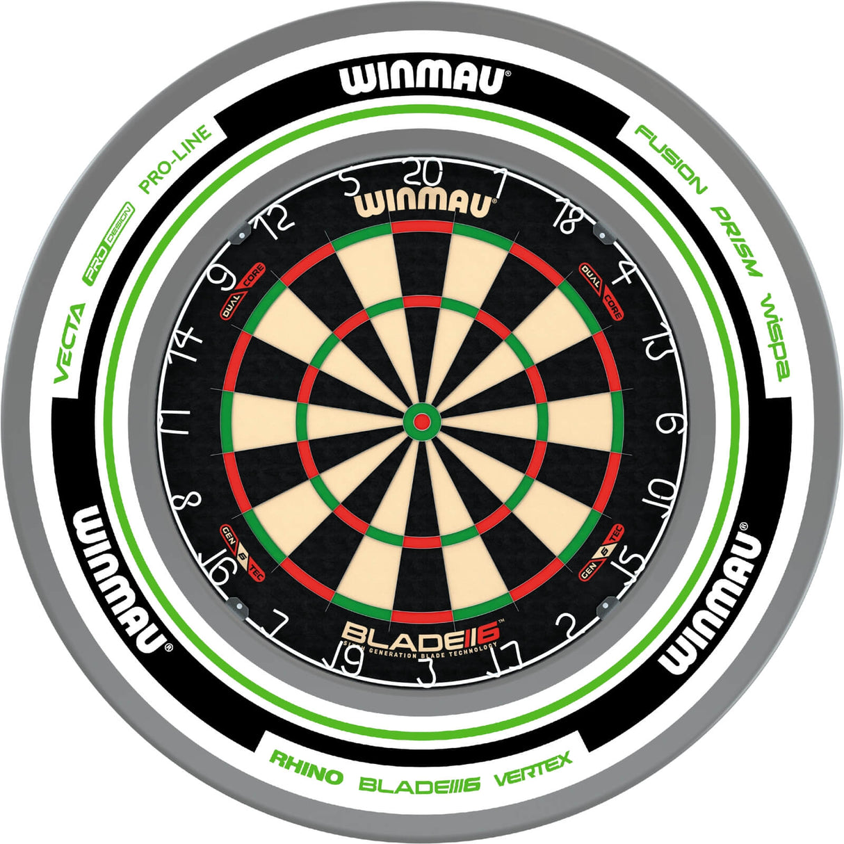 Winmau - Blade 6 Dual Core Dartboard & Advance Surround Bundle - White & Green