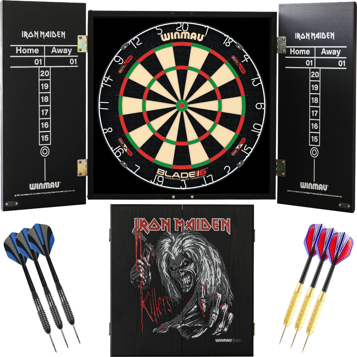 Winmau - Blade 6 Dual Core Dartboard & Iron Maiden Cabinet Ready to Play Bundle - Killers