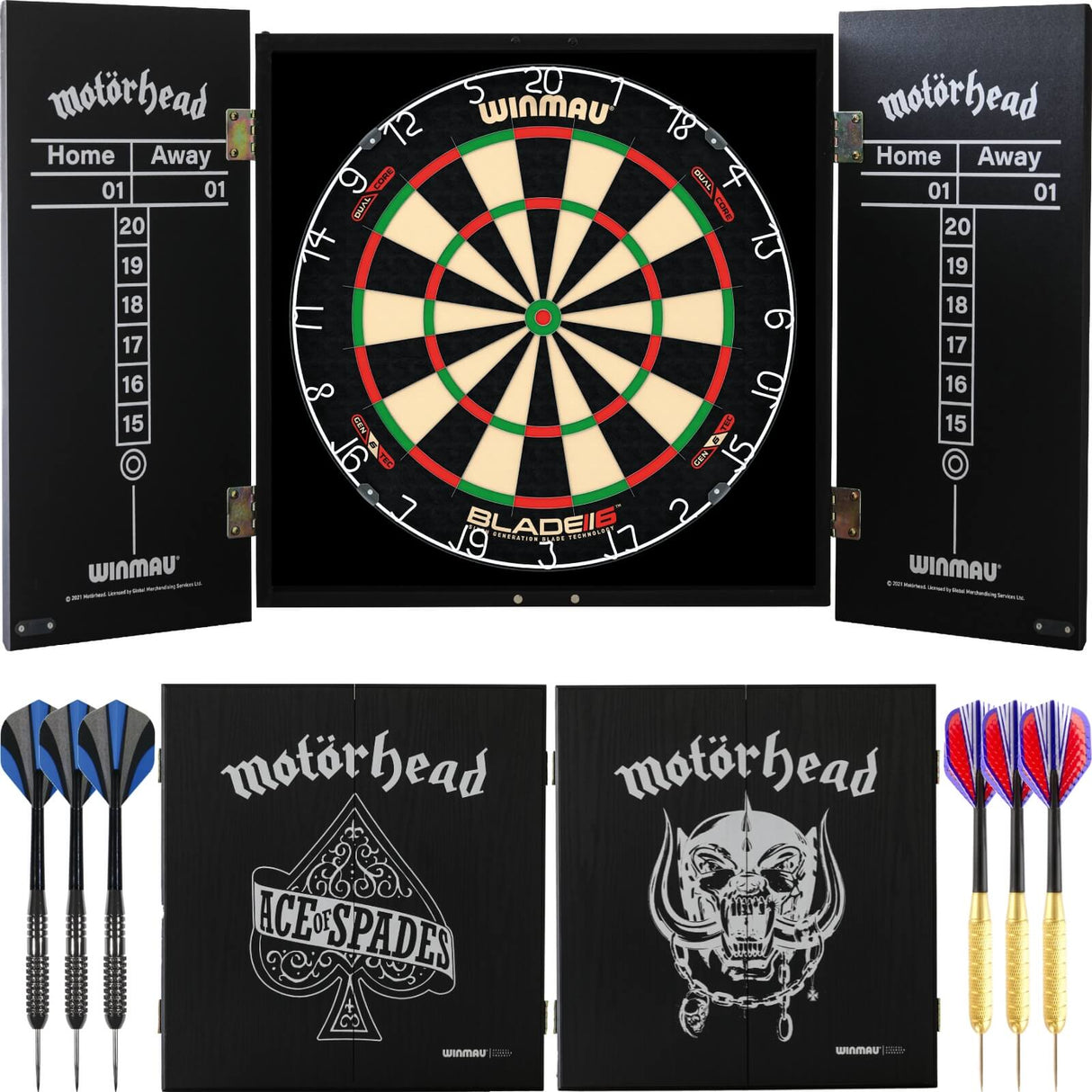 Winmau - Blade 6 Dual Core Dartboard & Motörhead Cabinet Ready to Play Bundle -