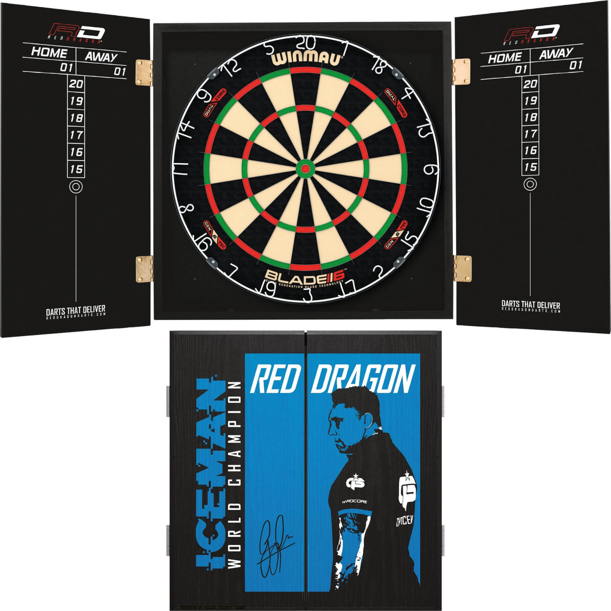 Winmau - Blade 6 Dual Core Dartboard & Player Edition Cabinet Bundle - Gerwyn Price