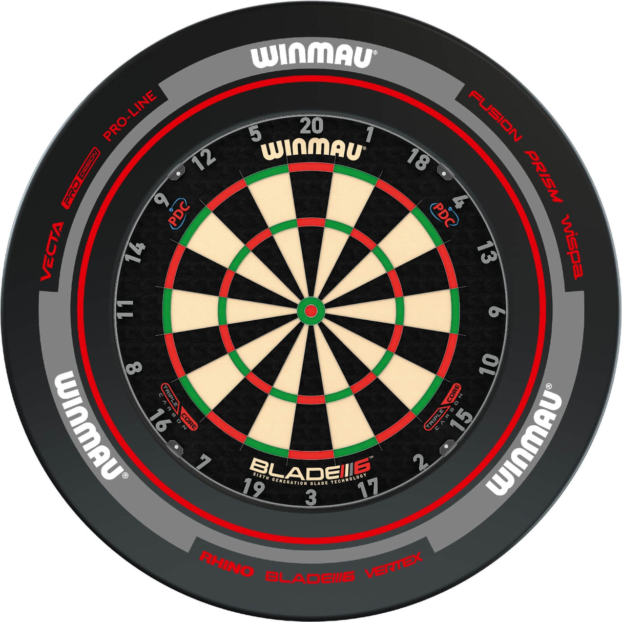 Winmau - Blade 6 Triple Core Dartboard & Advance Surround Bundle - Black & Red