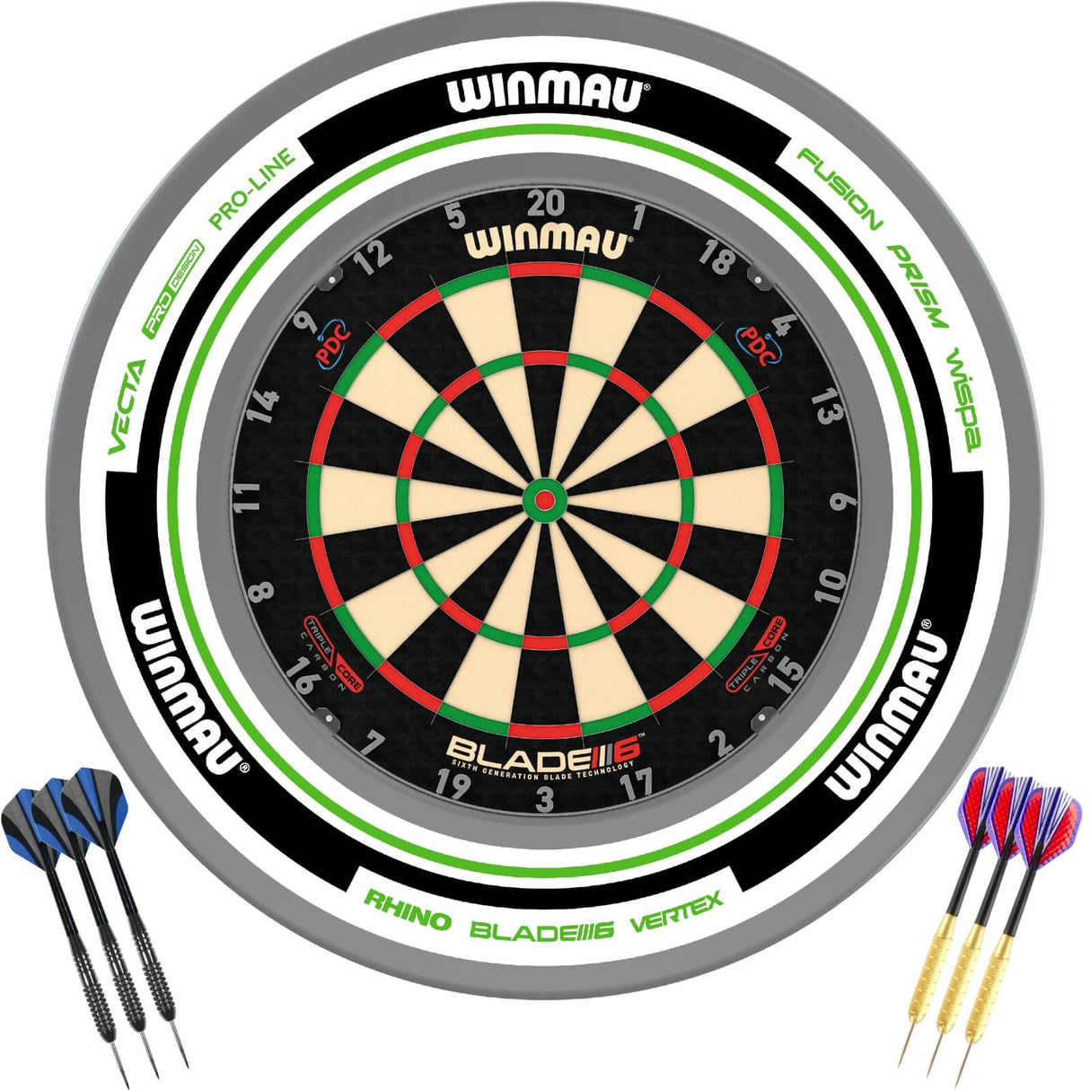 Winmau - Blade 6 Triple Core Dartboard & Advance Surround Ready to Play Bundle - White & Green