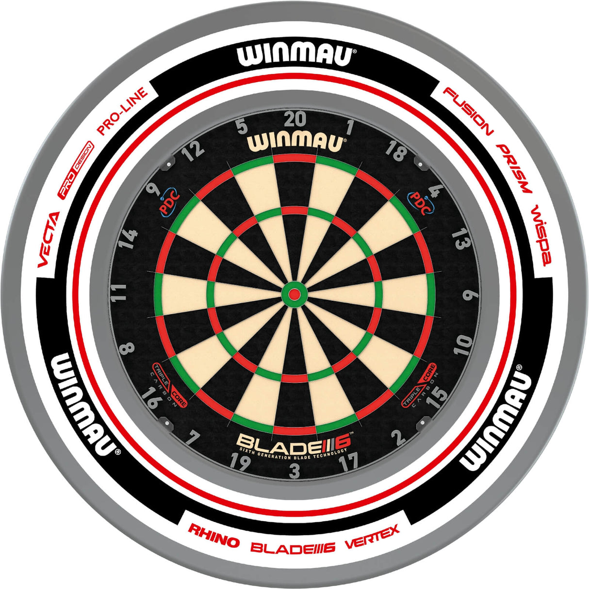 Winmau - Blade 6 Triple Core Dartboard & Advance Surround Bundle - White & Red