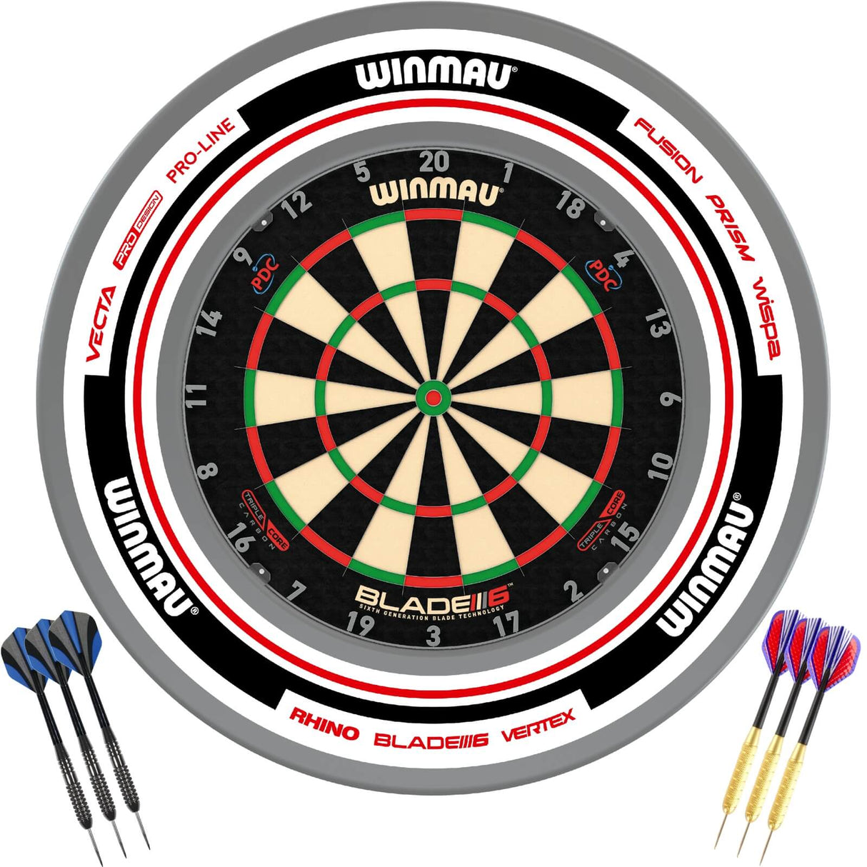 Winmau - Blade 6 Triple Core Dartboard & Advance Surround Ready to Play Bundle - White & Red