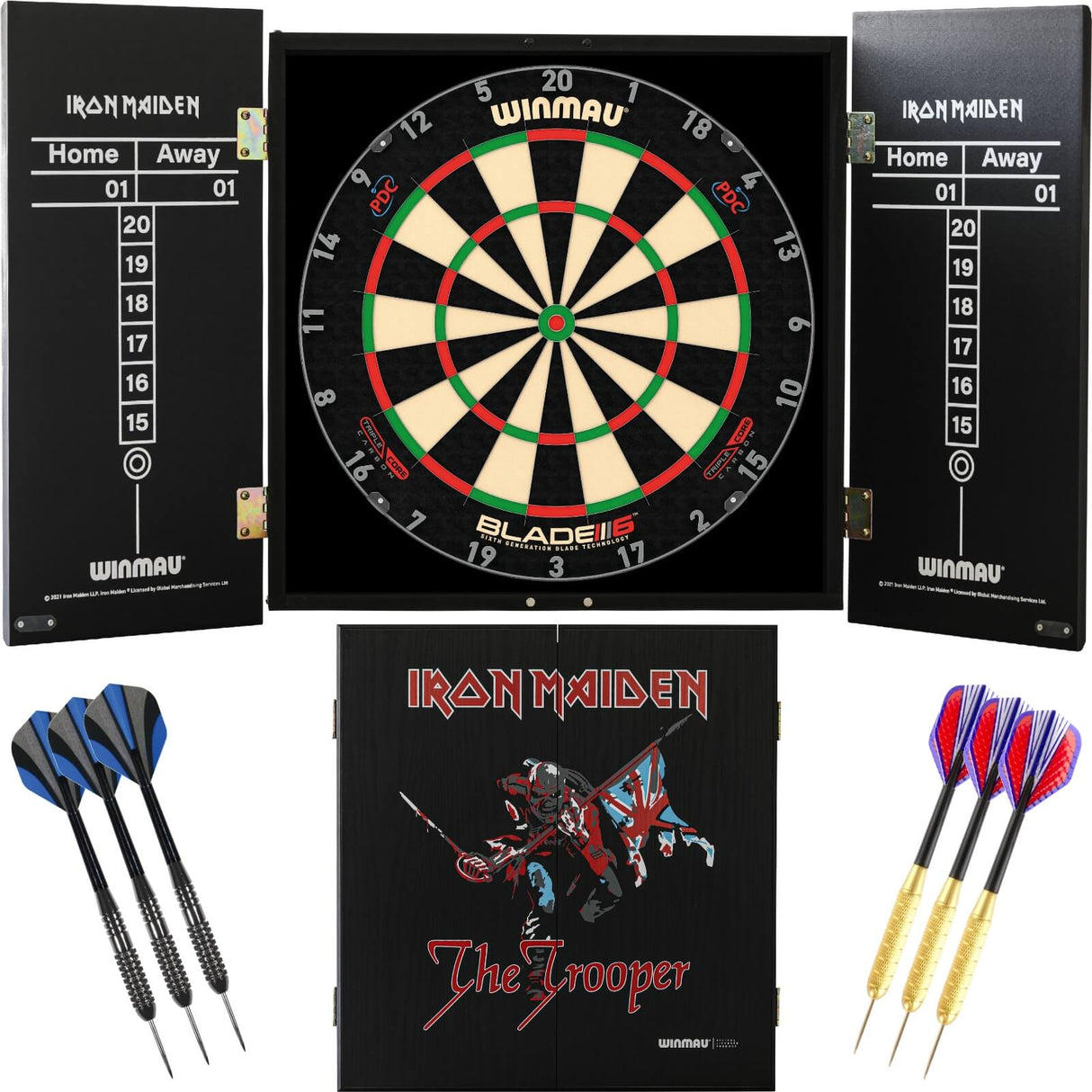 Winmau - Blade 6 Triple Core Dartboard & Iron Maiden Cabinet Ready to Play Bundle - The Trooper