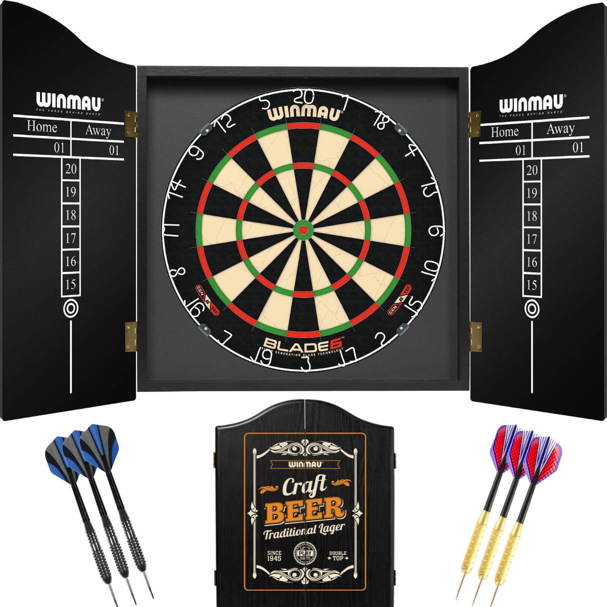 Winmau - Blade 6 Dartboard & Cabinet Ready to Play Bundle - Craft Beer