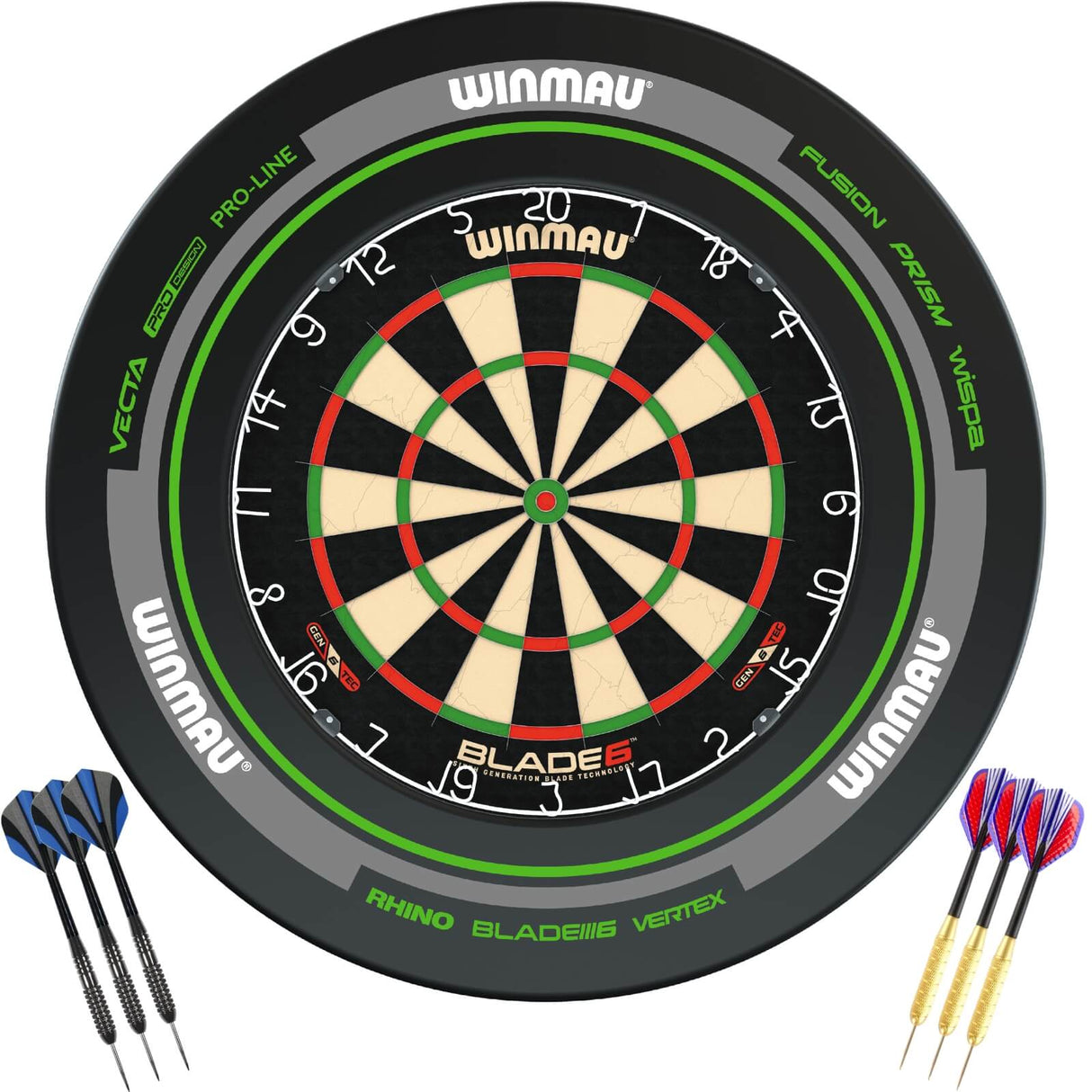 Winmau - Blade 6 Dartboard & Advance Surround Ready to Play Bundle - Black & Green