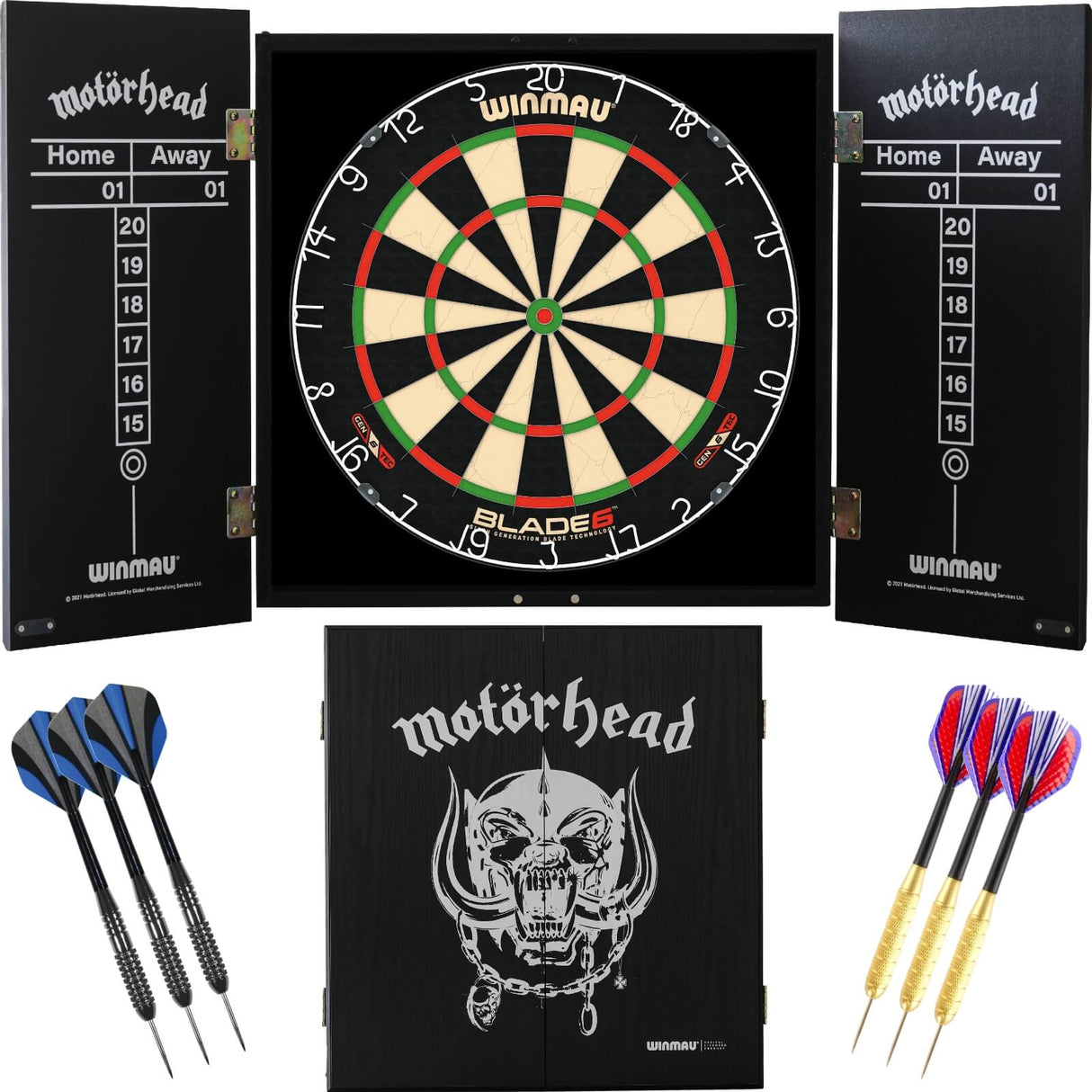 Winmau - Blade 6 Dartboard & Motörhead Cabinet Ready to Play Bundle - War Pig