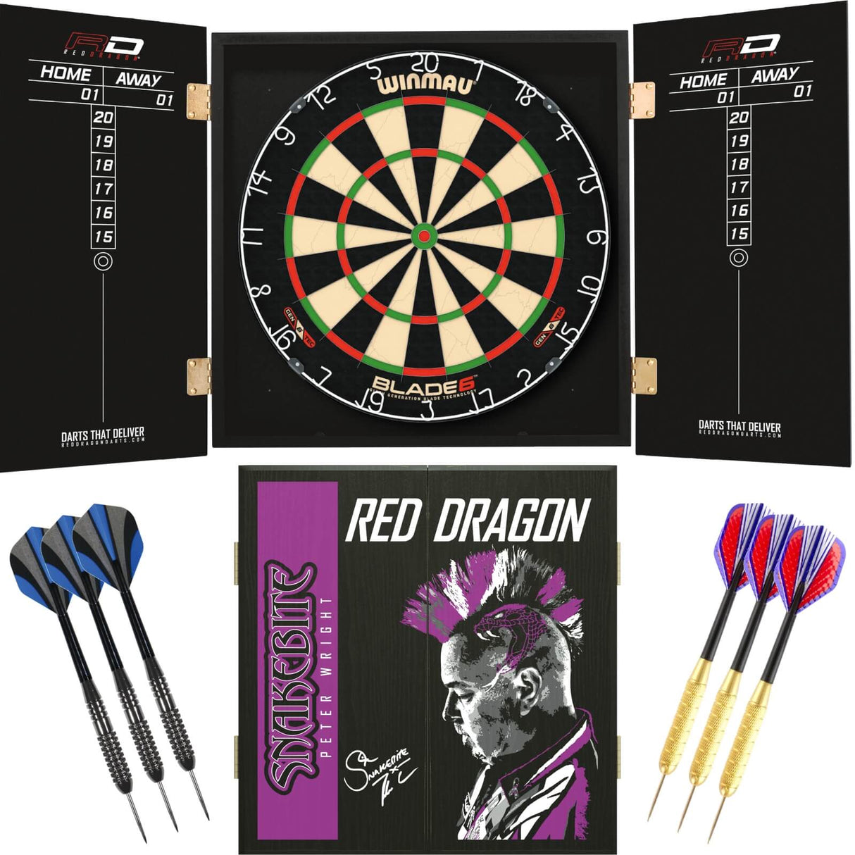 Winmau - Blade 6 Dartboard & Player Edition Cabinet Ready to Play Bundle - Peter Wright