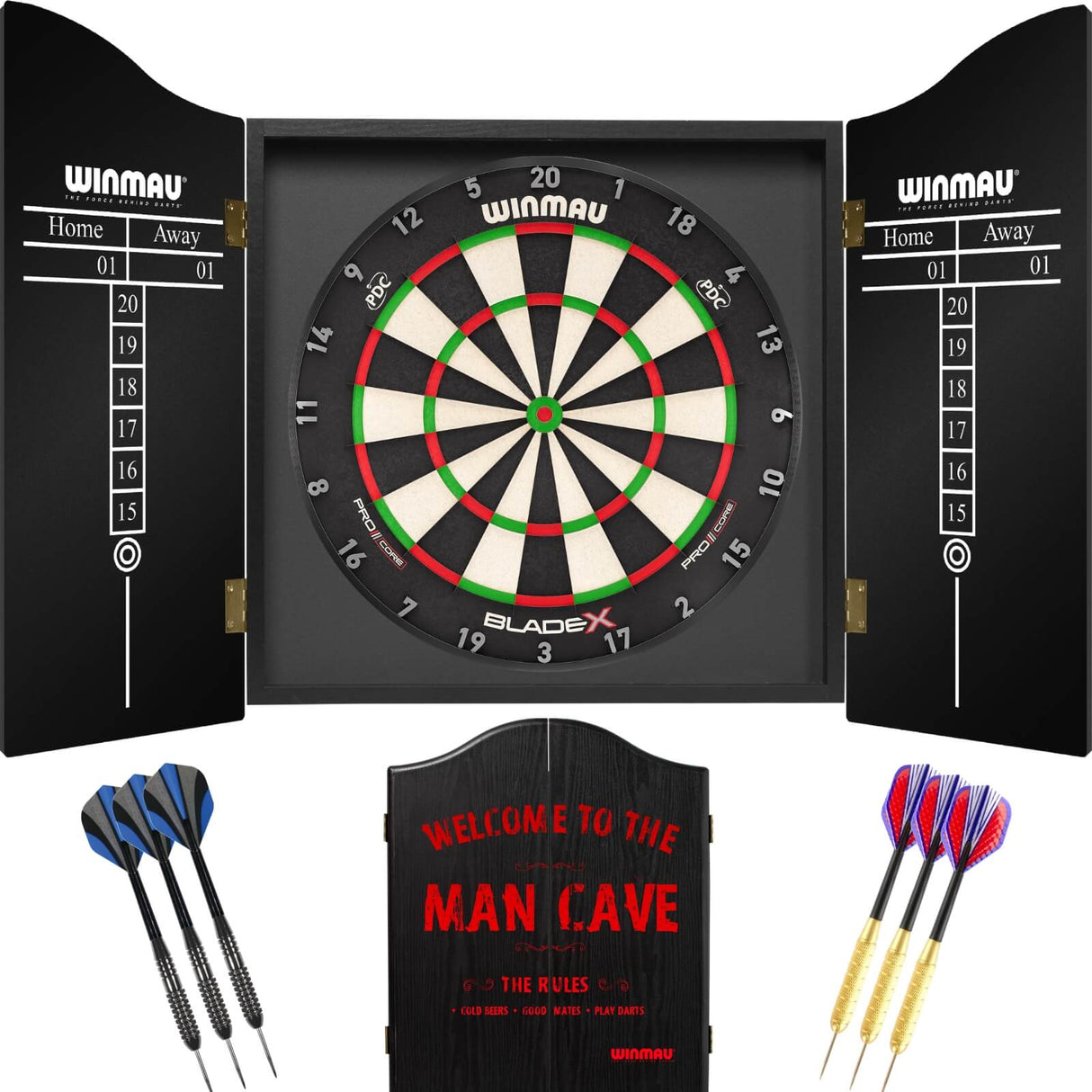 Winmau - Blade X Dartboard & Cabinet Ready to Play Bundle - Man Cave
