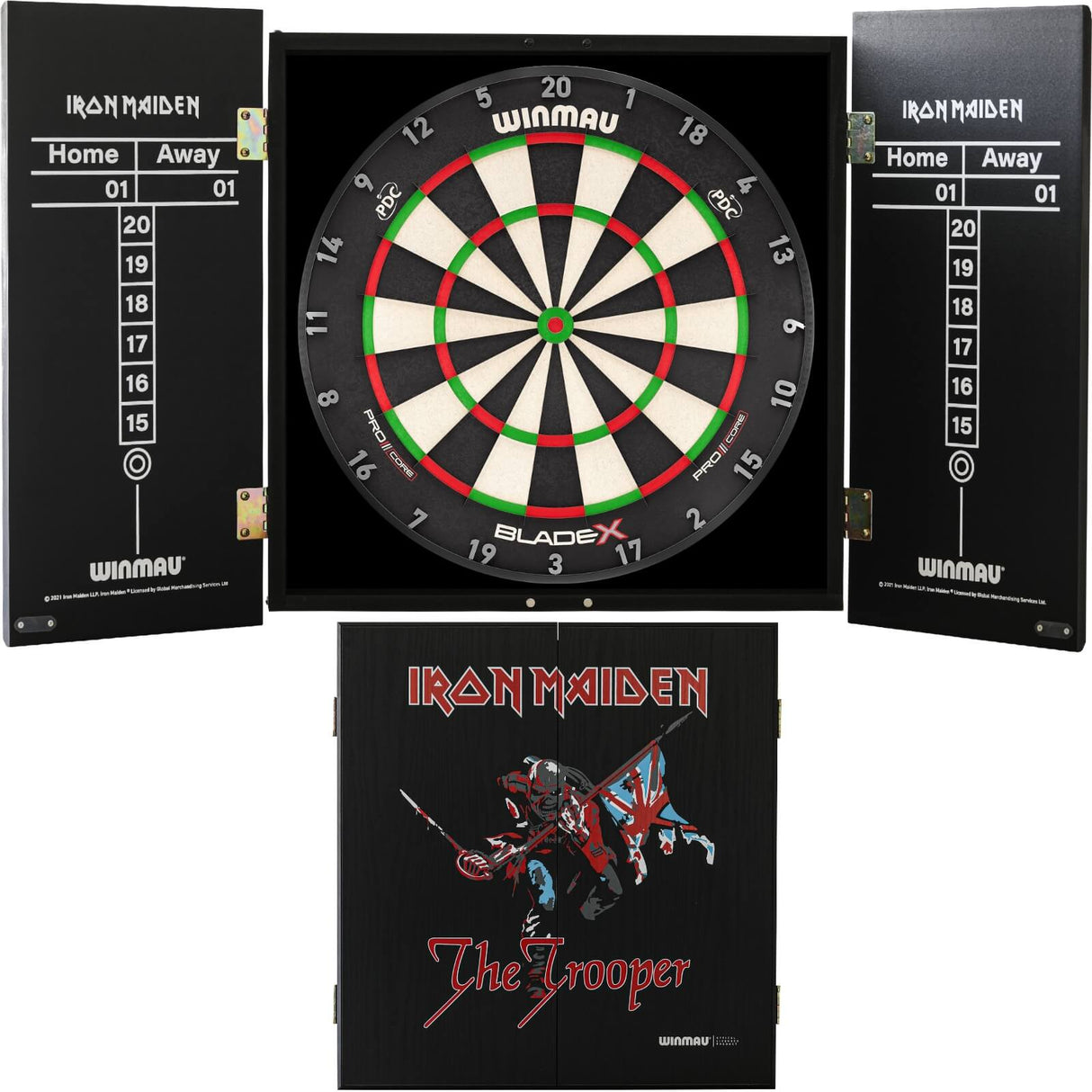 Winmau - Blade X Dartboard & Iron Maiden Cabinet Bundle - The Trooper