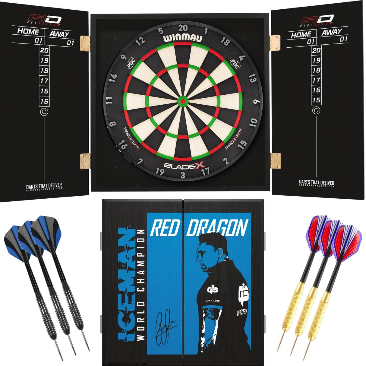 Winmau - Blade X Dartboard & Player Edition Cabinet Ready to Play Bundle - Gerwyn Price