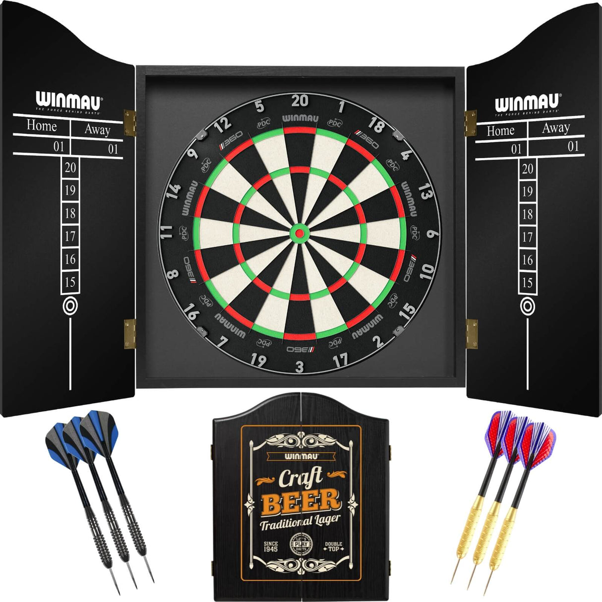 Winmau - Blade 360 Triple Core Dartboard & Cabinet Ready to Play Bundle - Craft Beer