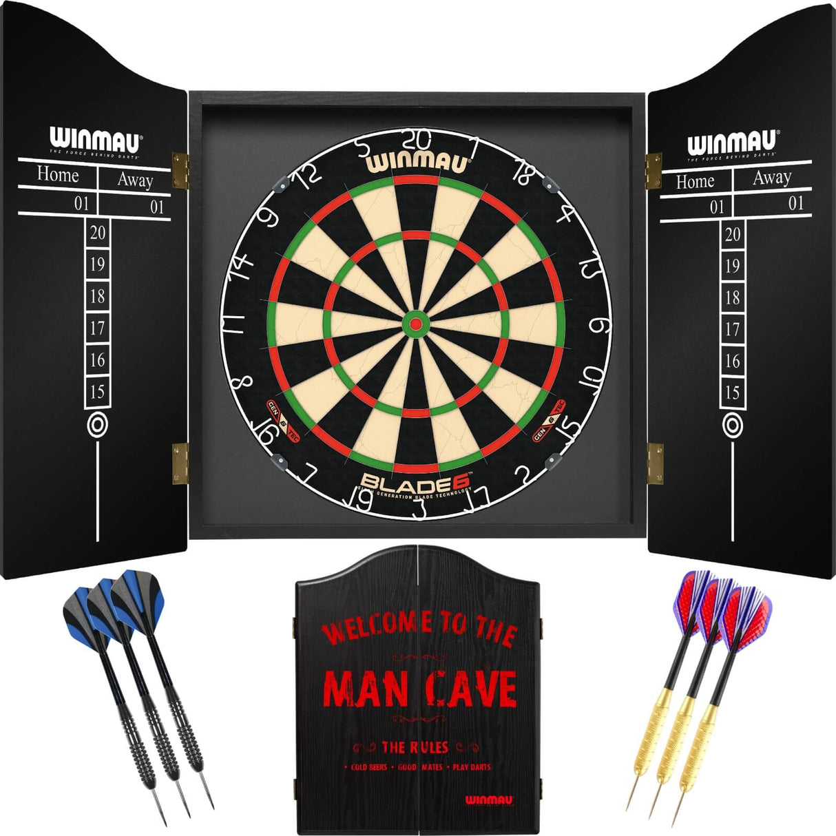 Winmau - Blade 6 Dartboard & Cabinet Ready to Play Bundle - Man Cave