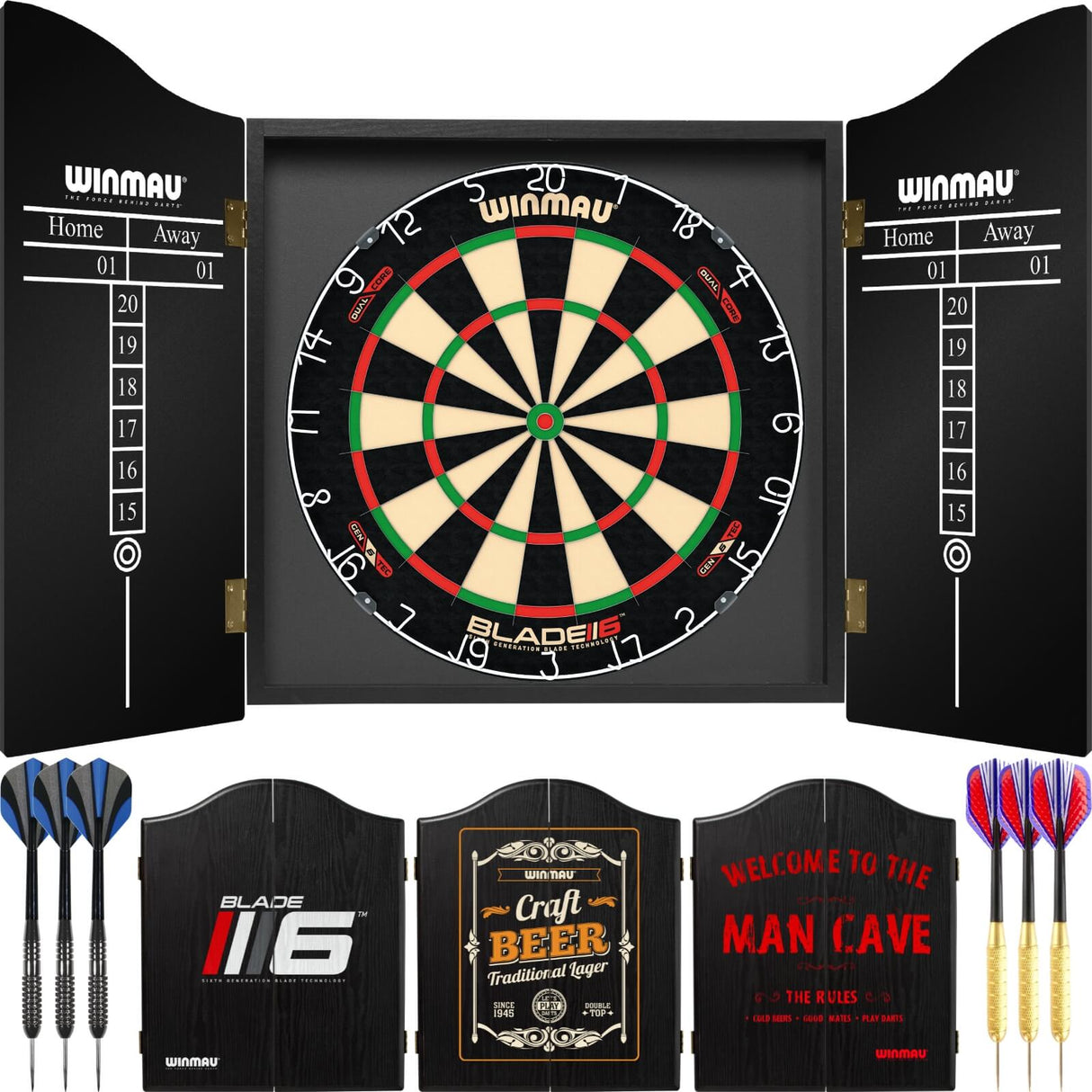 Winmau - Blade 6 Dual Core Dartboard & Cabinet Ready to Play Bundle -