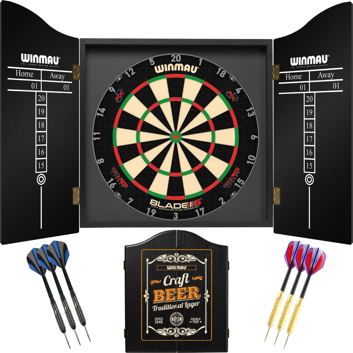 Winmau - Blade 6 Triple Core Dartboard & Cabinet Ready to Play Bundle - Craft Beer