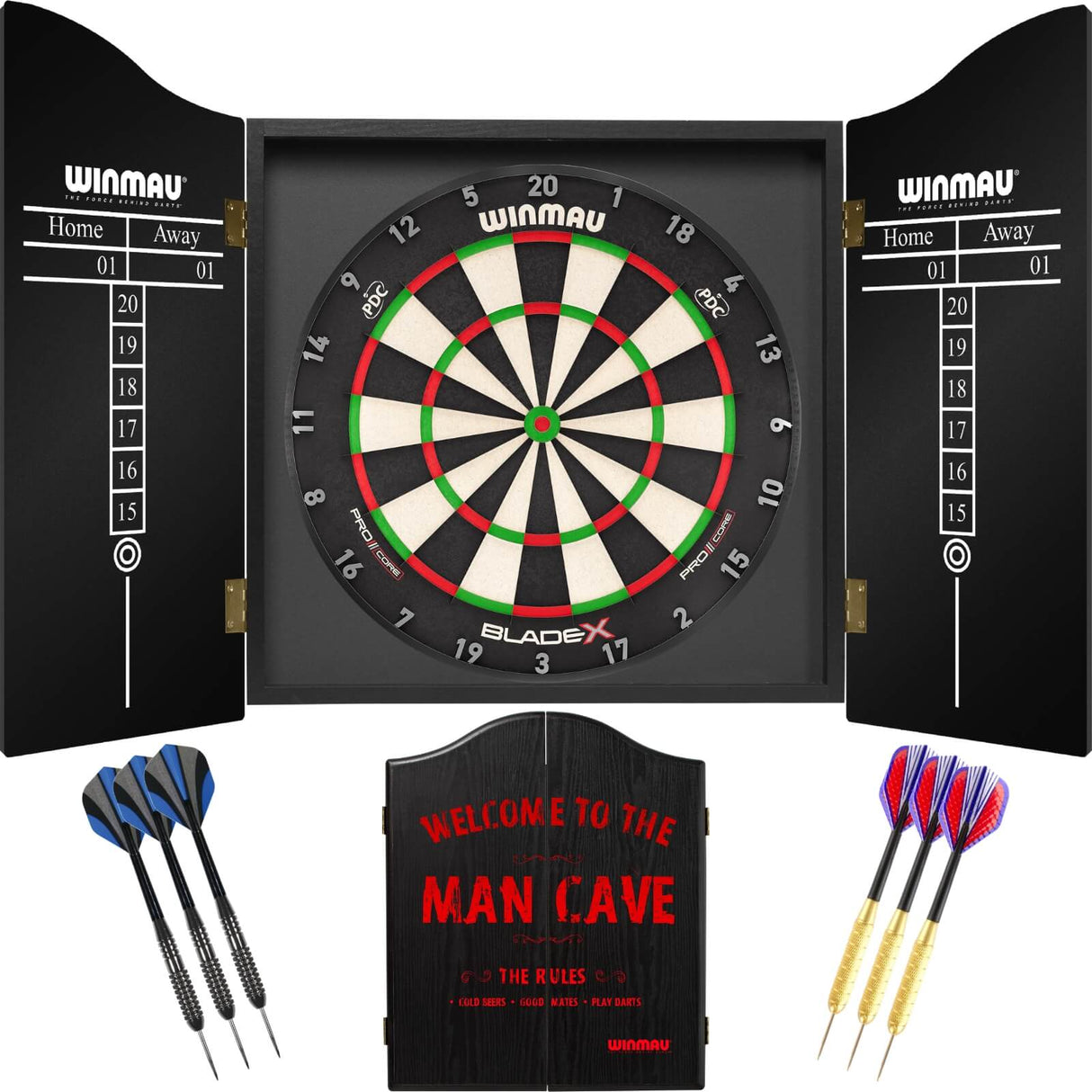 Winmau - Blade X Dartboard & Cabinet Ready to Play Bundle - Man Cave