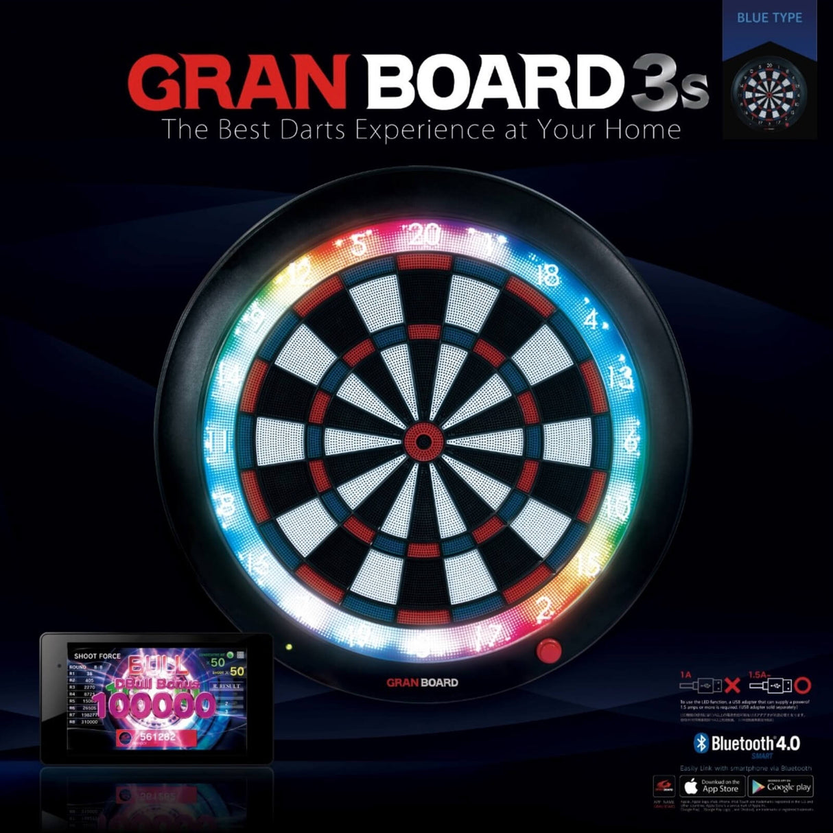 Gran Darts - GranBoard 3s - Bluetooth Electronic LED Soft Tip Dartboard - Blue -