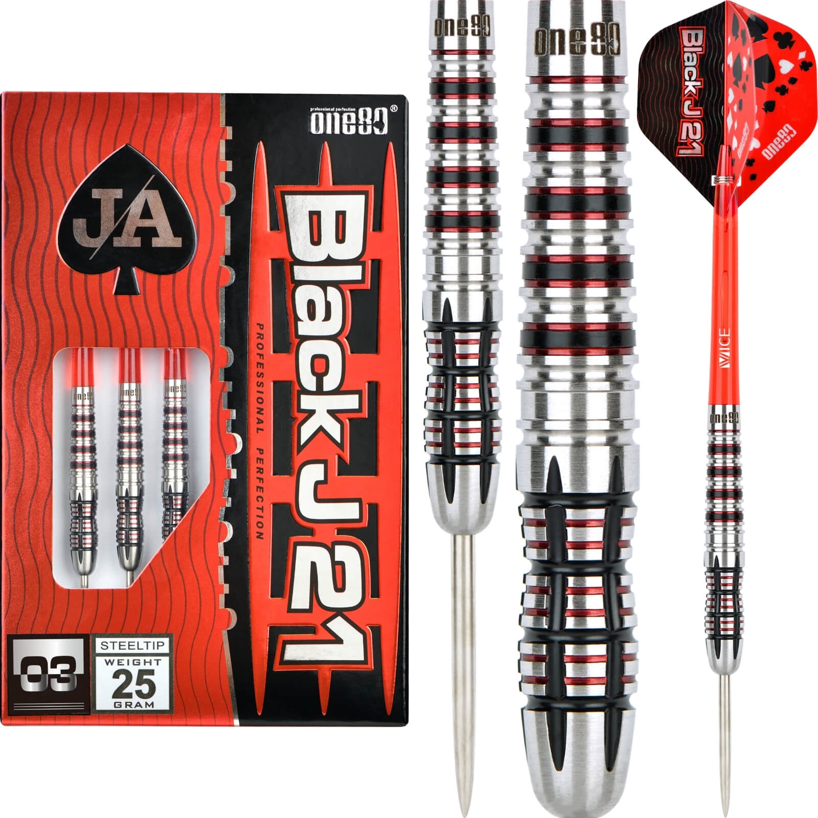 Darts - One80 - Black J21 03 Darts - Steel Tip - 90% Tungsten - 21g 23g 25g 