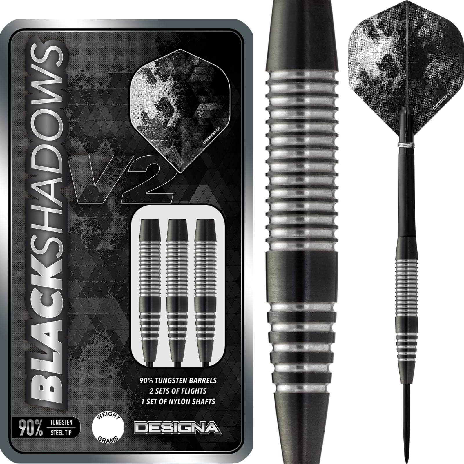 Darts - Designa - Black Shadow V2 M3 Darts - Steel Tip - 90% Tungsten - 23g 25g 
