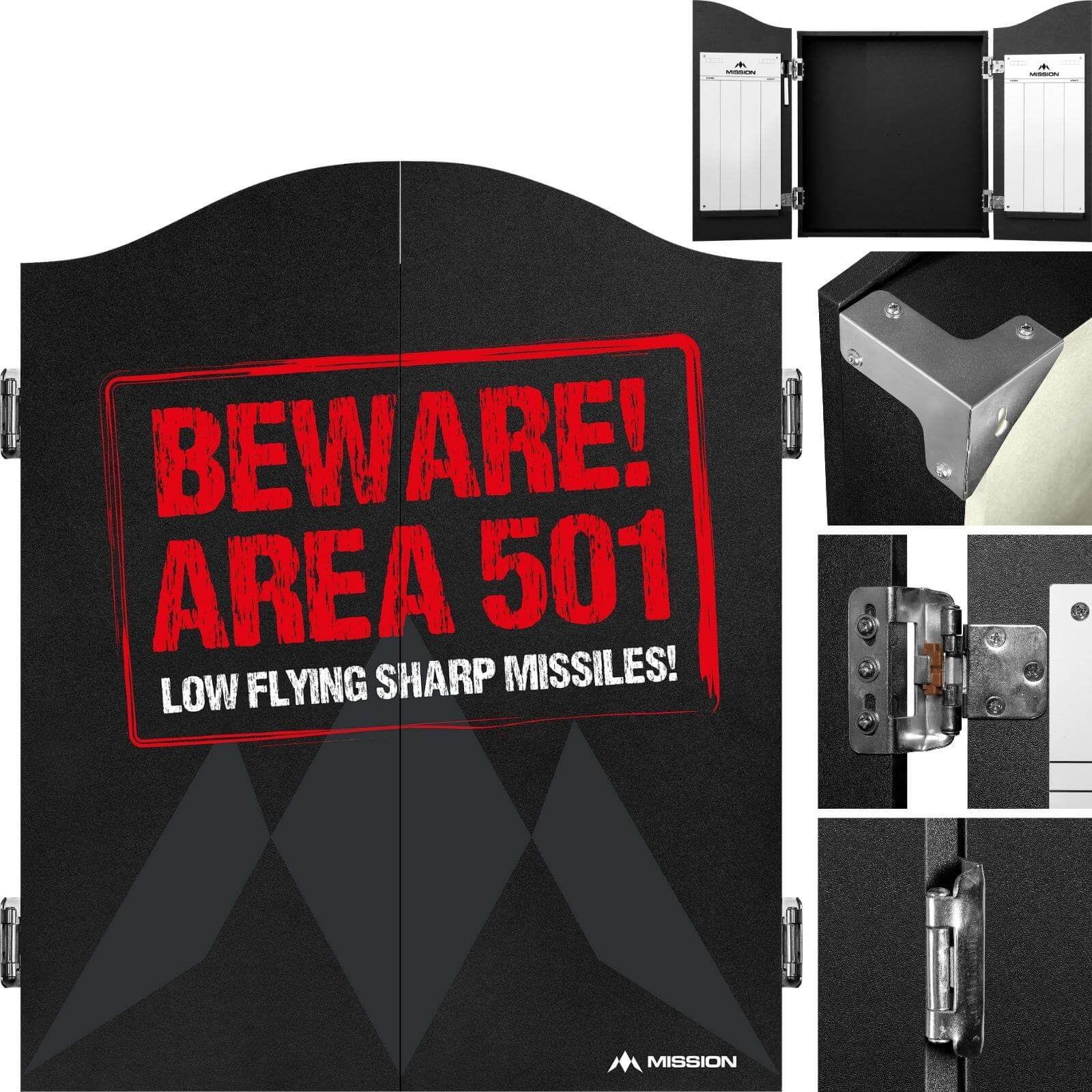 Dartboard Accessories - Mission - Dartboard Cabinet - Deluxe Quality - Area 501 - Beware 