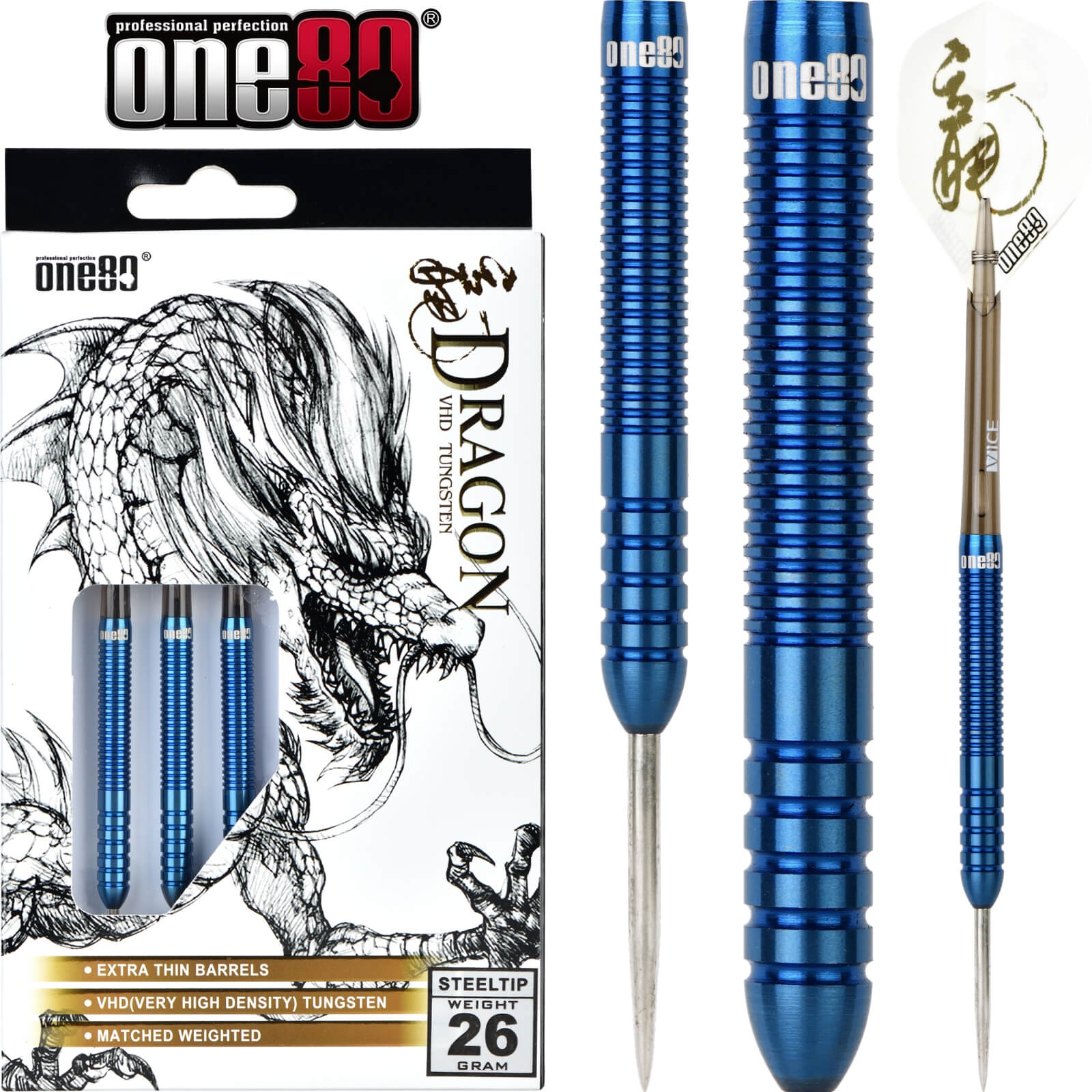Darts - One80 - Ice Dragon Darts - Steel Tip - 90% Tungsten - 20g 22g 24g 26g 