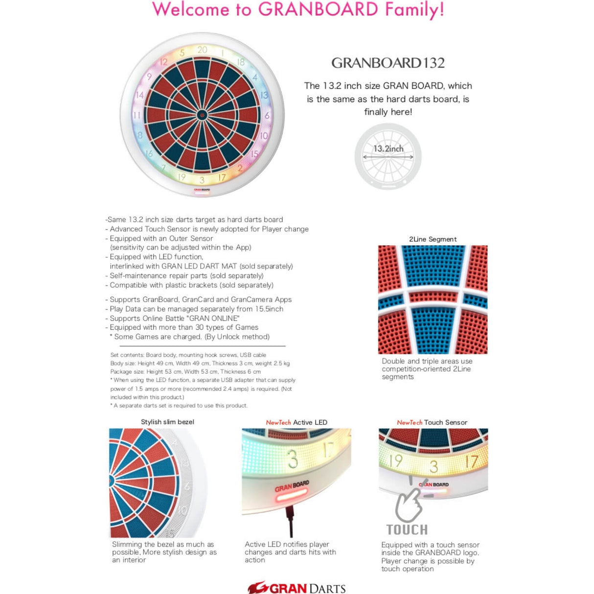 Gran Darts - GranBoard 132 - Steel Tip Size - Bluetooth Electronic LED Soft Tip Dartboard -