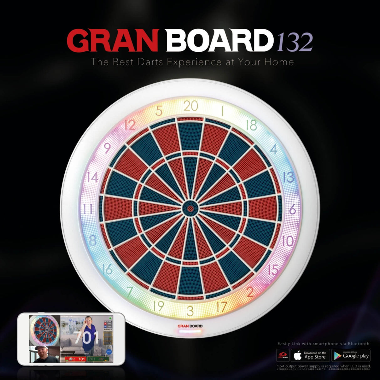 Gran Darts - GranBoard 132 - Steel Tip Size - Bluetooth Electronic LED Soft Tip Dartboard -
