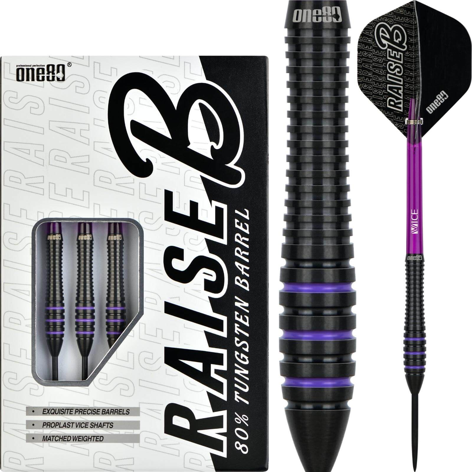 Darts - One80 - Raise B Darts - Purple - Steel Tip - 80% Tungsten - 21g 23g 