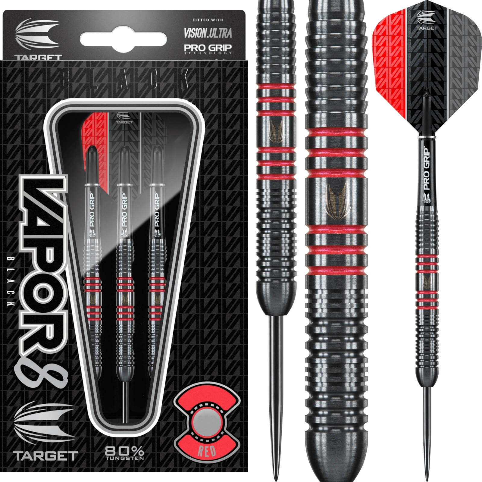 Darts - Target - Vapor 8 Black & Red Darts - Steel Tip - 80% Tungsten - 23g 25g 