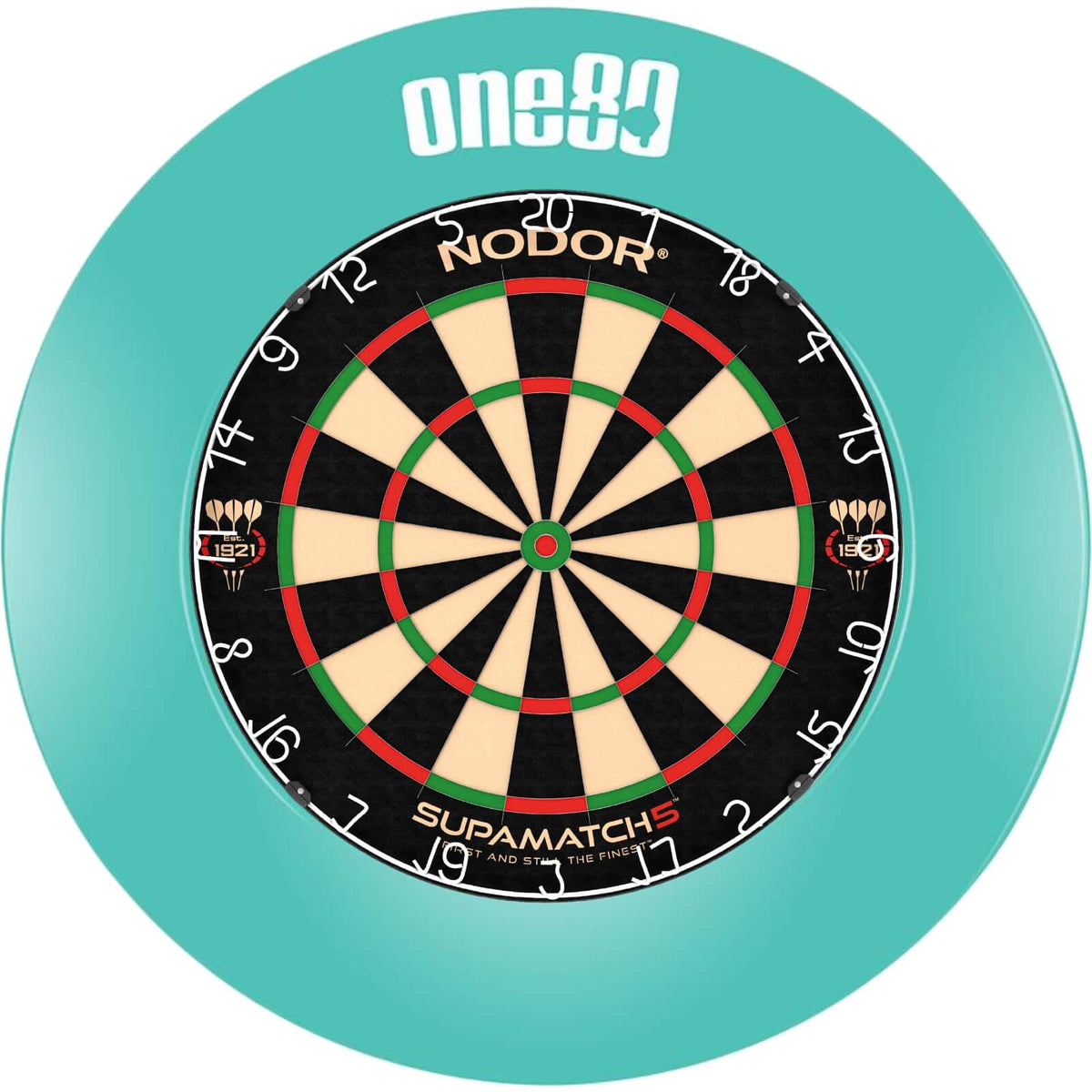 Surrounds &amp; Dartboards - One80 - Printed Dartboard Surround &amp; Dartboard Bundle - Choose Your Board Teal / Nodor - Supamatch 5