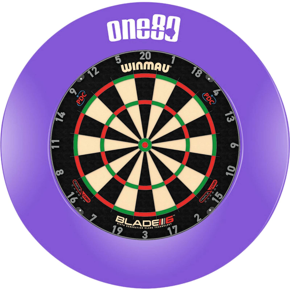 Surrounds &amp; Dartboards - One80 - Printed Dartboard Surround &amp; Dartboard Bundle - Choose Your Board Purple / Winmau - Blade 6 Triple Core