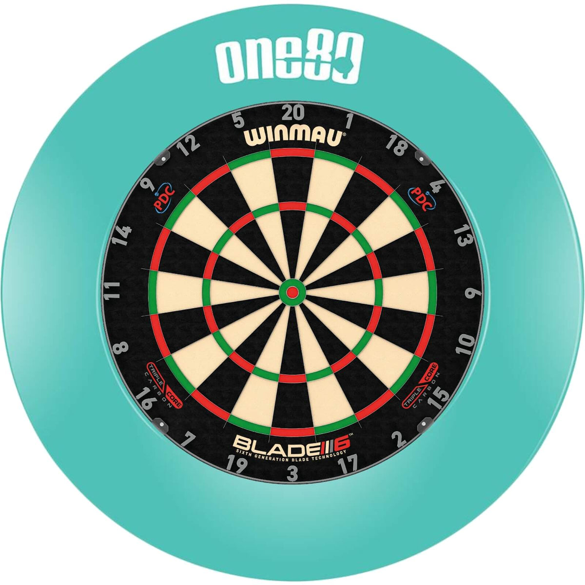 Surrounds &amp; Dartboards - One80 - Printed Dartboard Surround &amp; Dartboard Bundle - Choose Your Board Teal / Winmau - Blade 6 Triple Core