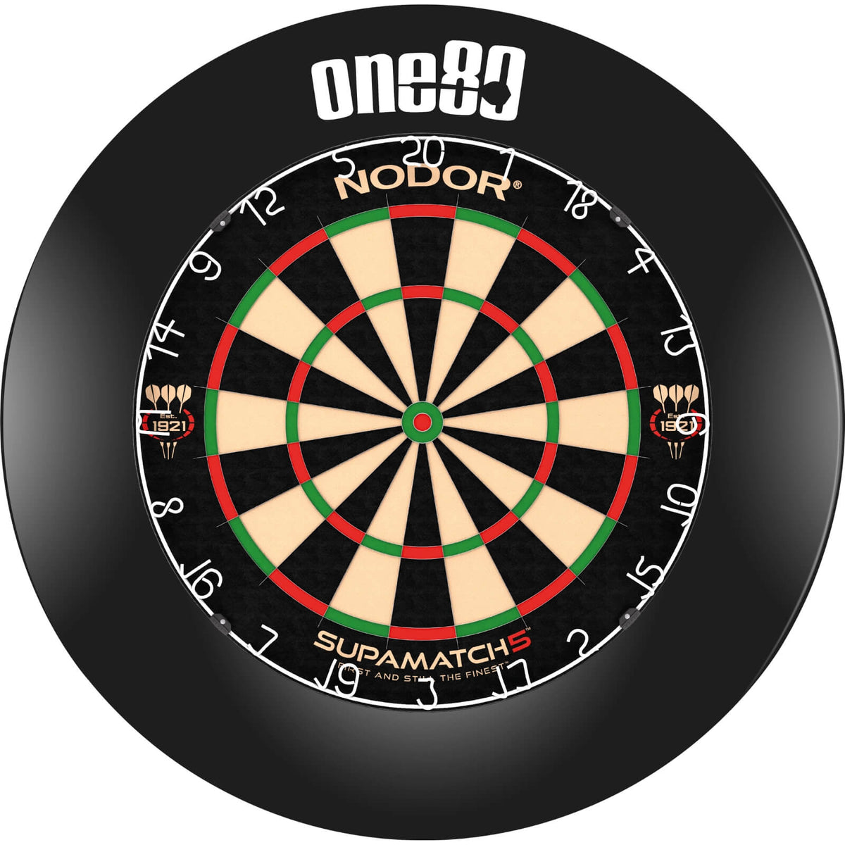 Surrounds &amp; Dartboards - One80 - Printed Dartboard Surround &amp; Dartboard Bundle - Choose Your Board Black / Nodor - Supamatch 5