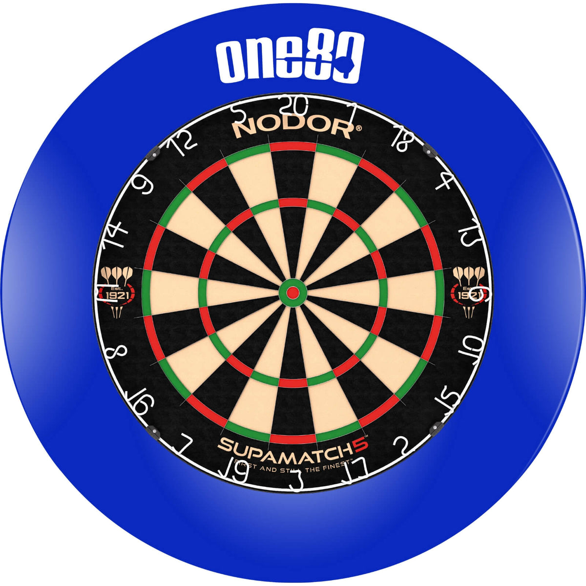 Surrounds &amp; Dartboards - One80 - Printed Dartboard Surround &amp; Dartboard Bundle - Choose Your Board Blue / Nodor - Supamatch 5